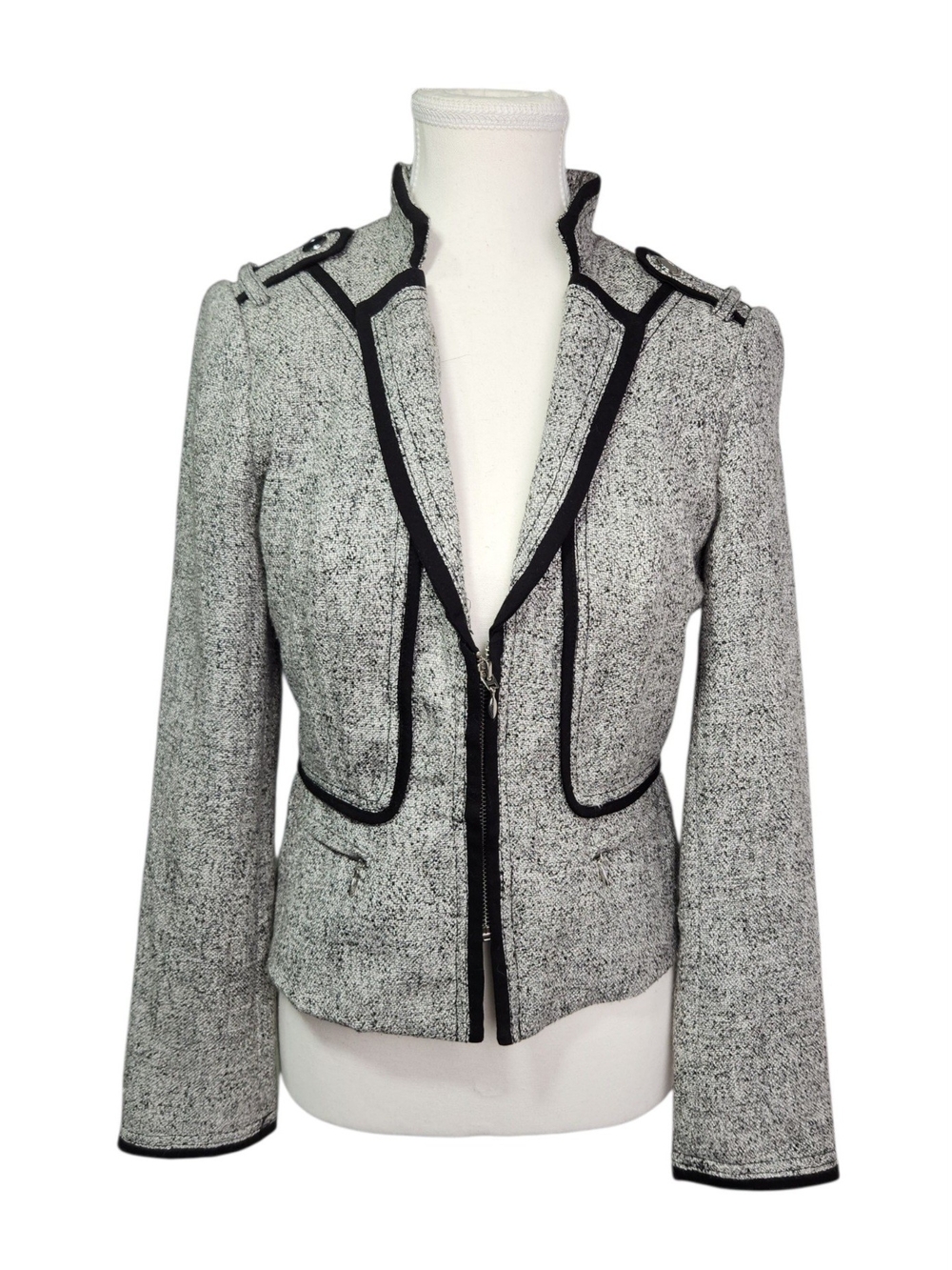 White House Black Market Gray/Black Zip Front Lined Jacket Piping Size 2 Moto